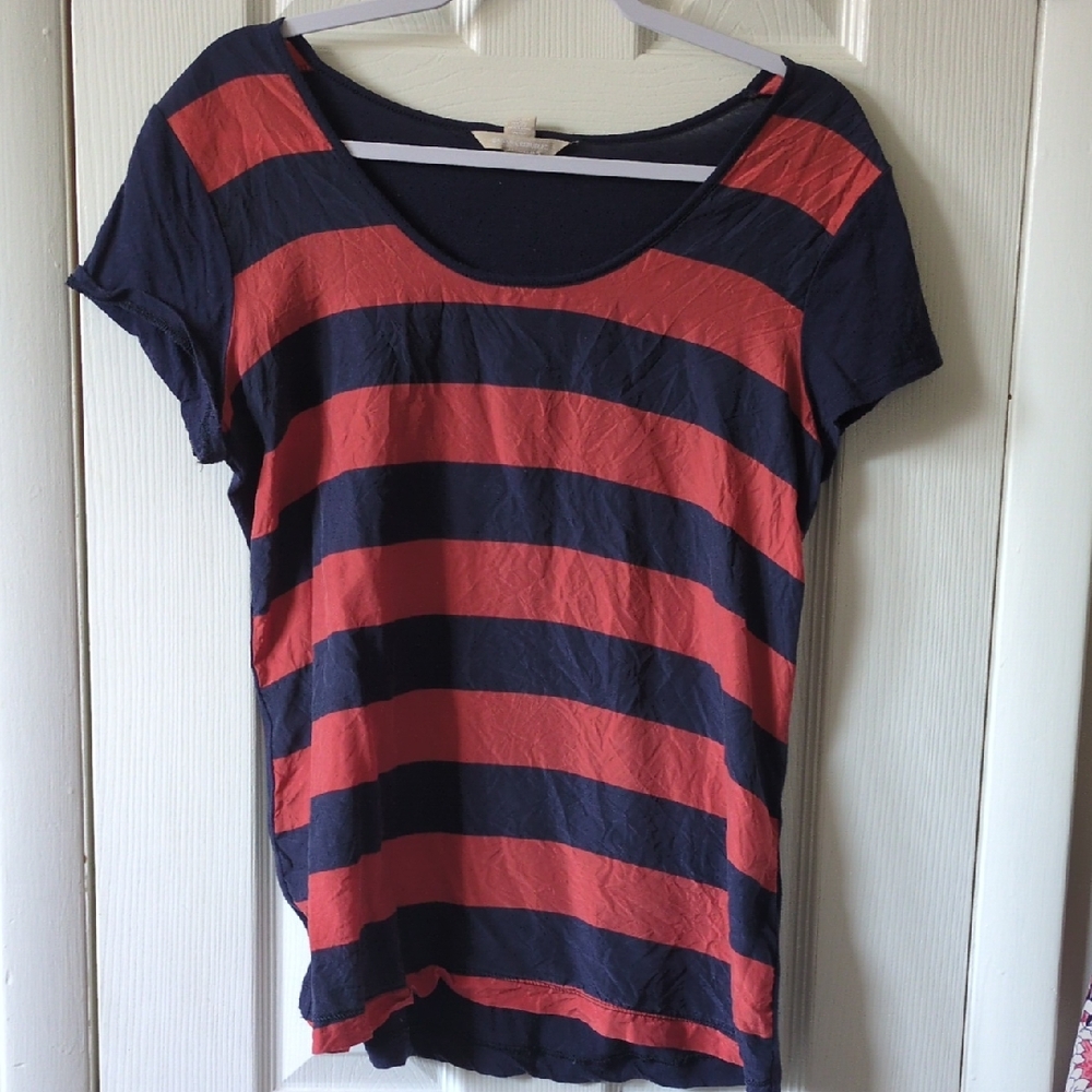 Banana Republic Navy and Red Striped Silk Cotton Tee Blouse Top